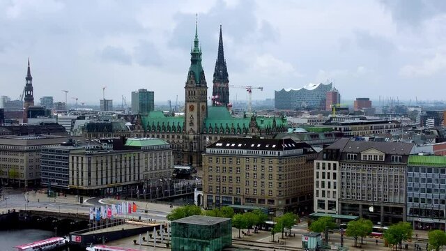 The beautiful city center of Hamburg with Alster River lake - aerial photography