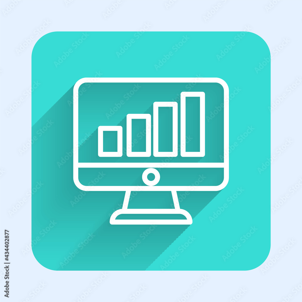 Fototapete white line computer monitor with graph chart icon isolated with long shadow. report text file. accou