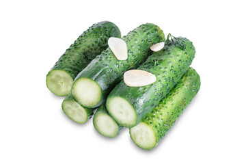 Pickled cucumbers with dill and garlic slices on a white isolated background