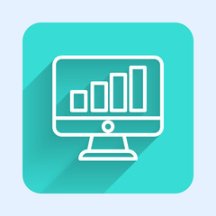 White line Computer monitor with graph chart icon isolated with long shadow. Report text file. Accounting sign. Audit, analysis, planning. Green square button. Vector