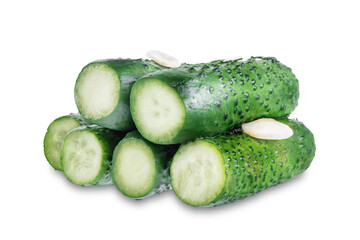 Pickled cucumbers with dill and garlic slices on a white isolated background