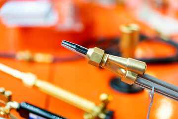 Naklejka premium Close up acetylene oxygen torch or tip for welding heating burning cutting soldering brazing in industrial