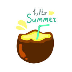 Exotic coconut cocktail with straw and text hello summer. 