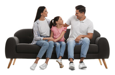 Happy family resting on comfortable grey sofa against white background