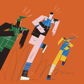 Young athlete runners exercise themselves during competition. Active and healthy living. Movement concept illustration.