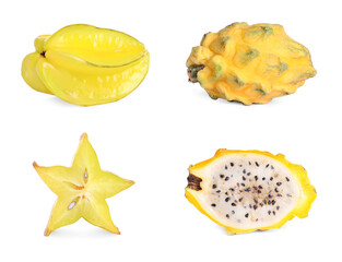 Set with different delicious exotic fruits on white background