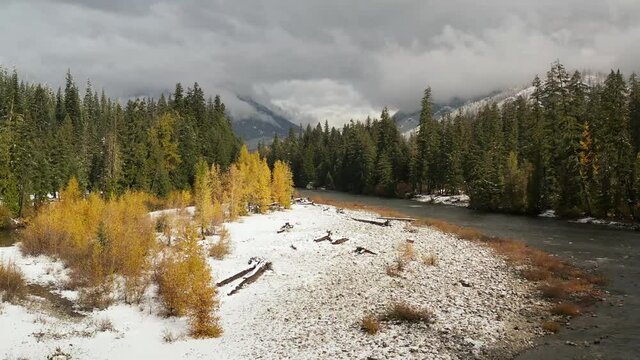 4k Cle Elum River Winter Aerial Drone View
