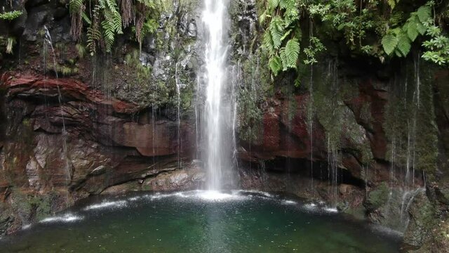 Aerial view of 25 fontes waterfalls in Madeira, Portugal