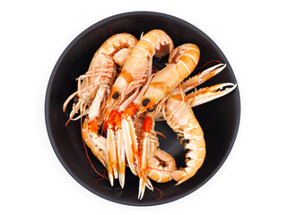 Cooked langoustines upper view isolated on white background