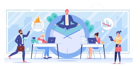 Vector cartoon flat office worker character flies in yoga pose.Happy employee levitates in office,controls everything in work chaos-professional workflow,time management,web site banner concept