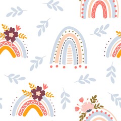 Boho nursery rainbow and floral seamless pattern