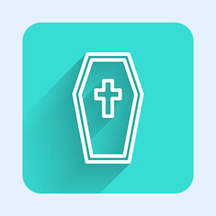 White line Coffin with christian cross icon isolated with long shadow. Happy Halloween party. Green square button. Vector