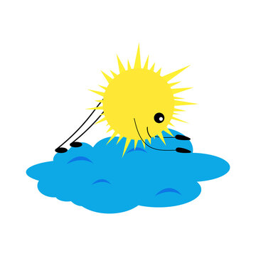 Cartoon Character Orange Sun Doing Plank Exercise Standing On Cloud