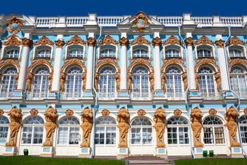 Exterior of Catherine Palace in Rococo style in Tsarskoye Selo, Pushkin, 30 km south of Saint Petersburg in Russia