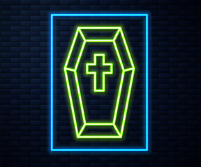 Glowing neon line Coffin with christian cross icon isolated on brick wall background. Happy Halloween party. Vector
