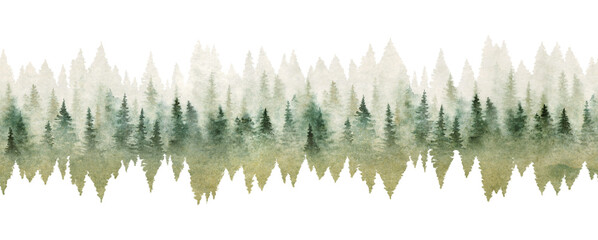 Seamless pattern with foggy spruce forest. Watercolor painting - obrazy, fototapety, plakaty