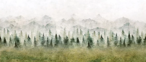  Watercolor landscape of forest and mountains. Wild nature background. © Juliautumn