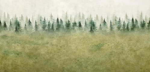 Fotobehang Seamless pattern with foggy spruce forest. Watercolor painting © Juliautumn