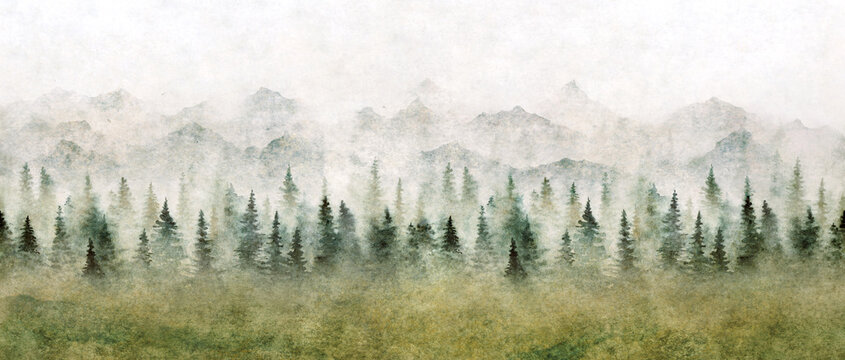 Fototapeta Watercolor landscape of forest and mountains. Wild nature background.
