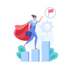 Obraz premium Vector cartoon flat business character present goal achievment symbol on growth chart.Happy employee superhero shows flag-metaphor of work task complete,progress web site banner concept
