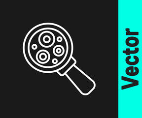 White line Microorganisms under magnifier icon isolated on black background. Bacteria and germs, cell cancer, microbe, virus, fungi. Vector
