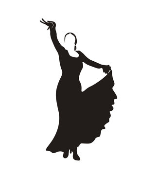 Flamenco black and white vector stock illustration. Silhouette of a dancer in a dress. Traditional Spanish dance. Isolated on a white background. 