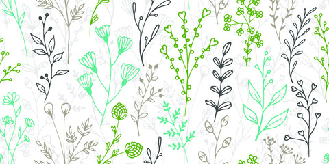 Field flower twigs organic vector seamless background. Vintage herbal graphic design. Garden plants leaves and buds illustration. Field flower branches spring endless ornament