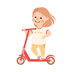 Happy Little Girl Riding on Kick Scooter Pushing Off the Ground Vector Illustration