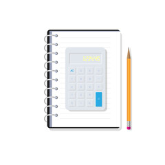 The calculator Composition With View From Above Of Desktop with notebook and pencil. Vector illustration