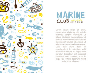 Marine Club Card Template, Poster, Banner, Background with Nautical Seamless Pattern and Text Vector Illustration