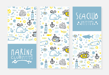 Marine Club Banner Templates Set, Sea Club Poster, Card, Background with Nautical Seamless Pattern Design Vector Illustration