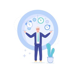 Vector cartoon flat office worker character and big clock.Successful happy employee controls everything,does all works in time-professional workflow,time management,web site banner concept