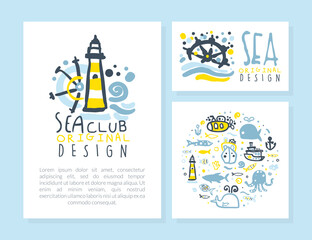 Sea Club Original Design Card Templates Set, Poster, Flyer, Invitation with Marine and Nautical Seamless Pattern and Space for Text Vector Illustration