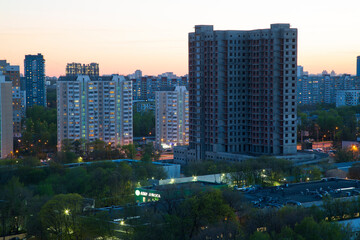  Moscow in the evening. Buildings of Moscow taken from a height.