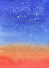 Watercolor sky background. Evening starry sky