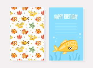 Happy Birthday Card Design with Cute Marine Animal and Comic Underwater Creatures Vector Template