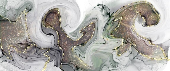 Abstract marble alcohol ink background with fluid texture, gold design elements on green and grey...