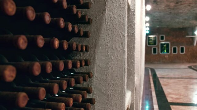 Racks with bottles of wine in storage at the Cricova winery, Moldova