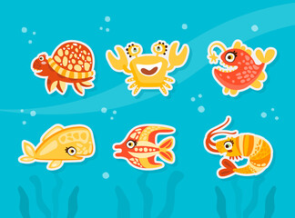 Cute Marine Animal and Comic Underwater Creatures Vector Sticker Set