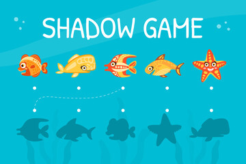 Fototapeta na wymiar Shadow Game Card with Cute Marine Animal and Comic Underwater Creatures Vector Template