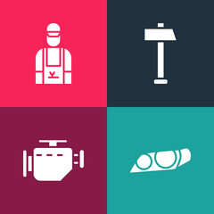 Set pop art Car headlight, Check engine, Hammer and mechanic icon. Vector