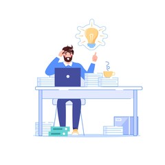 Vector cartoon flat business character present new idea.Successful businessman happy employee shows glowing lamp-metaphor of fresh idea,finding solution,problem solving web site banner symbol concept