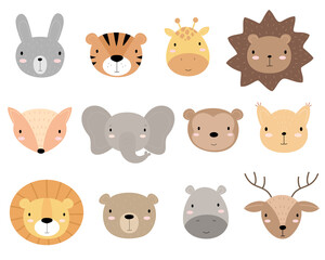 Fototapeta premium A set of cute cartoon animal heads. Suitable for stickers, posters, postcards, invitations. Vector illustration. Rabbit, Tiger, Giraffe, hedgehog, Fox, Elephant, Monkey, Squirrel, Lion, Bear, Hippo