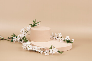 Fototapeta na wymiar Podium platform for product presentation and spring flowering tree branch with white flowers on pastel background