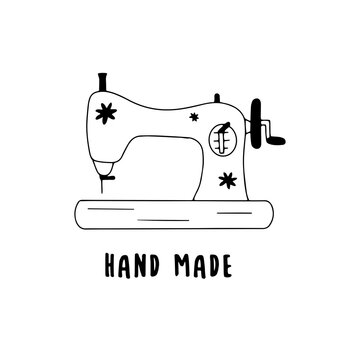 Vintage sewing machine. Inscription hand made. Black and white vector illustration in doodle style isolated single. Sewing tool