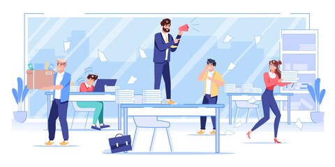 Vector cartoon flat boss manager,office worker characters at work conflict scene.Angry boss shouts in megaphone at afraid employees-work relationships,stress situation,web site banner concept