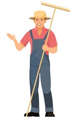 Farmer guy is standing. Young handsome cute boy wearing hat. Shows with his hand. In uniform, overalls. Rake. Cartoon flat style. Illustration is isolated on white background. Vector