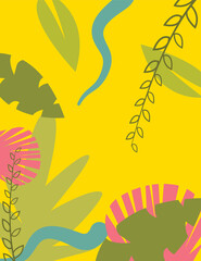 Beautiful background with tropical leaves for postcards and backgrounds for banners and publications. Vector graphics. Green leaves on a yellow background. EPS illustration.