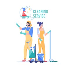Vector cartoon cleaning company employee characters at work.Domestic worker cleaners,mop bucket equipment tools,different chemicals-cleaning service job,work profession,web site banner ad concept