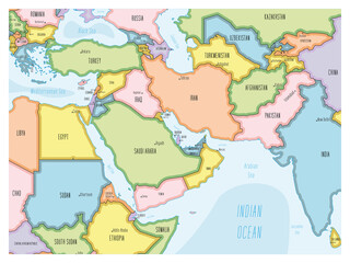 Fototapeta na wymiar Political map of Middle East. Colorful hand-drawn cartoon style illustrated map with bathymetry. Handwritten labels of country, capital city, sea and ocean names. Simple flat vector map.